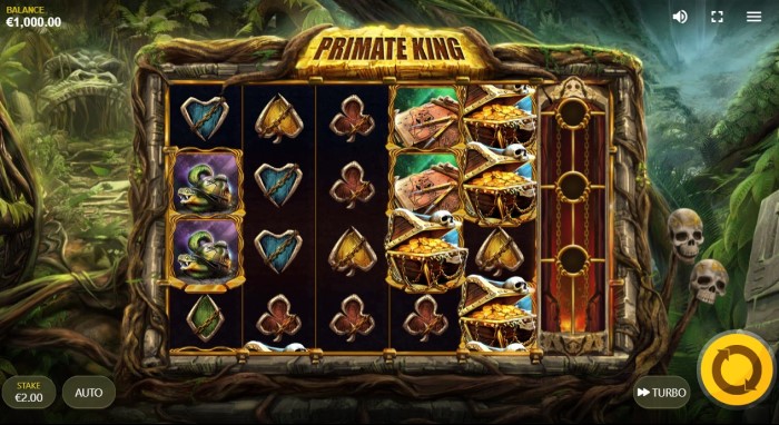 Primate King slot interface showing 5x4 grid and jungle theme
